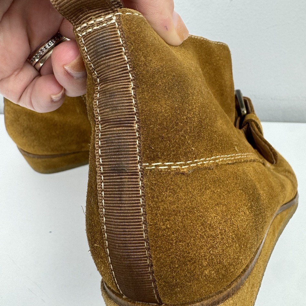 Franco Sarto Suede Wedge Booties Brown Buckle Strap Women's 8M Round Toe - Picture 11 of 16
